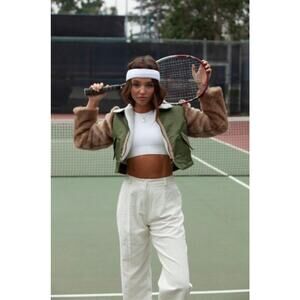 Shaci Cropped Bomber Jacket Faux Fur Sleeves Olive Green Small Streetwear